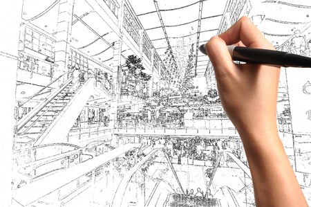 Male Hand Draw Building Interior Designの写真素材