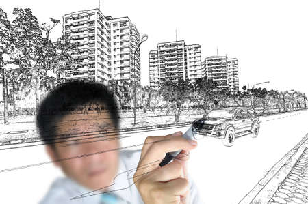 Hand of Business man Draw Cityscape