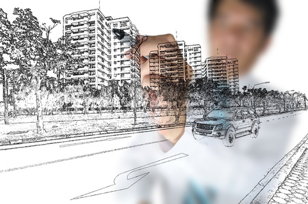 Business man Draw Cityscape and Buildingの写真素材