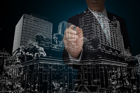 Business Man Drawing building and cityscapeの写真素材