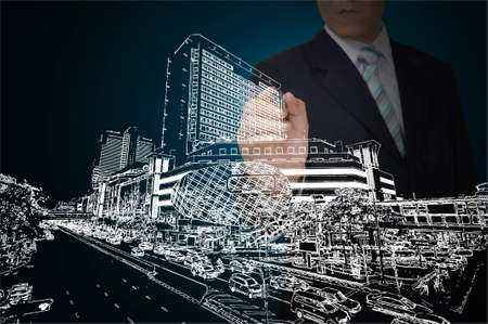 Business Man Drawing building and cityscapeの写真素材