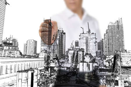 Business Man Drawing building and seascapeの写真素材