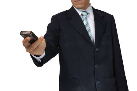 Hand of Business Man Pushing touch screen of mobile smart phoneの写真素材