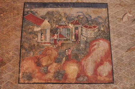 Traditional Thai art of painting on Ancient wall of Thai templeのeditorial素材