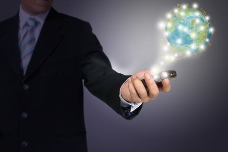 Business hand hold Touch screen mobile phone and buttons e-mailの写真素材