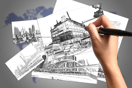 Hand of Business Man Drawing Architect Planのeditorial素材