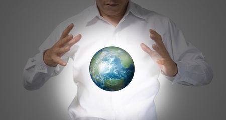 Hand of Business Man Hold Earth Globeの写真素材