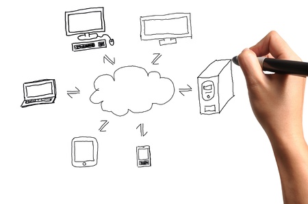 Hand of Businessman drawing cloud network on whiteboardの写真素材