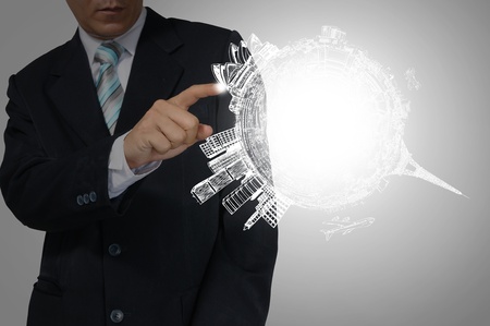 Hand of Business Man Touch Earth Globe の写真素材