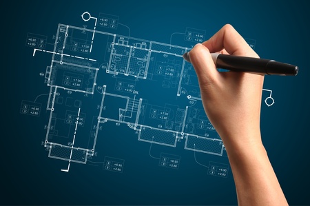 Hand of Business Man Draw architect or home planの写真素材