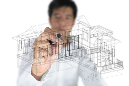 Hand of Business Man Draw 3D architect or home planの写真素材
