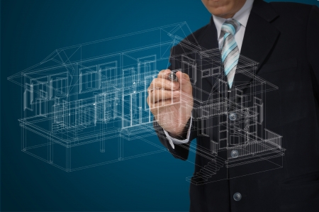 Hand of Business Man Draw 3D architect or home planの写真素材