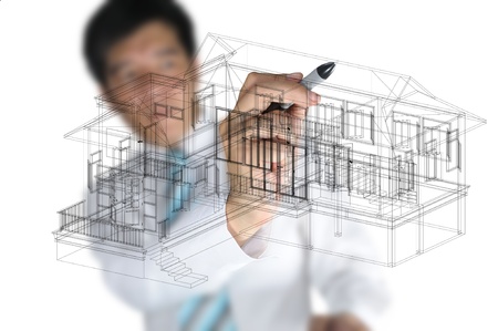 Hand of Business Man Draw 3D architect or home planの写真素材