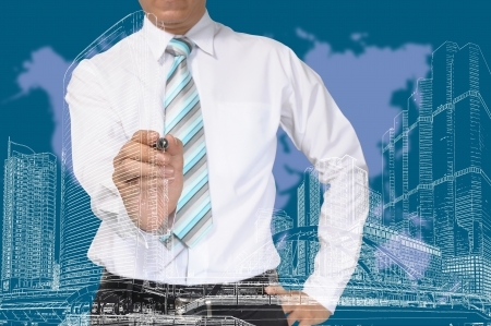 Business Man or Architect draw cityscapeの写真素材