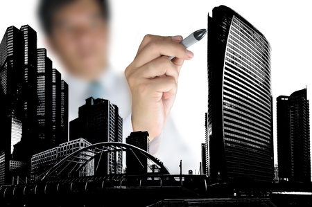 Business Man or Architect draw cityscape and buildingの写真素材