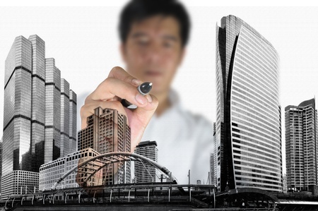 Business Man or Architect draw cityscape and buildingの写真素材
