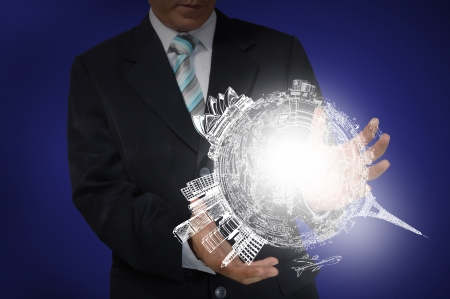 Business Man holding drawing earth globeの写真素材