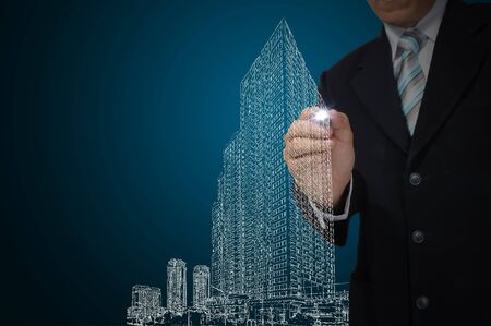 Business Man or Architect draw cityscape and buildingの写真素材