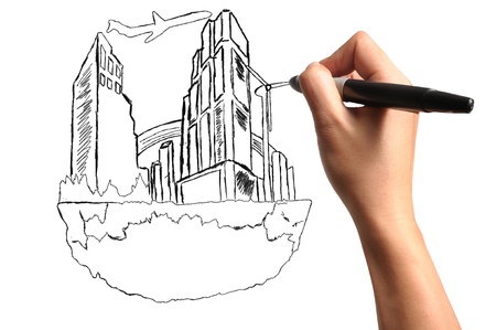 Male Hand drawing floating cityの写真素材