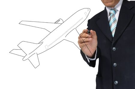 Business Male Hand drawing airplane の写真素材