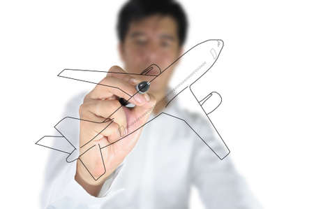 Male Hand drawing airplaneの写真素材