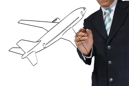 Business Male Hand drawing airplane の写真素材