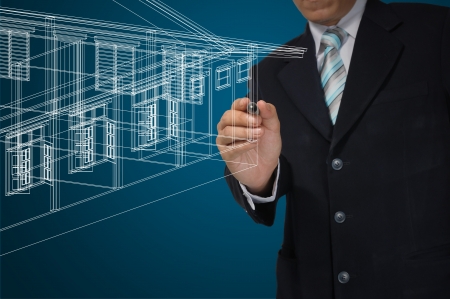 Hand of Business Man or Architect Draw 3D architectural home planの写真素材