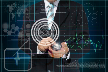 Hand of Business man touch smart phone with virtual digital interface or environmentの写真素材