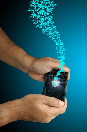 Hand of Business man touch smart phone with virtual digital network interface or environmentの写真素材
