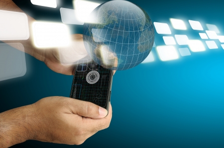 Hand of Business man hold smartphone with virtual digital interfaceの写真素材