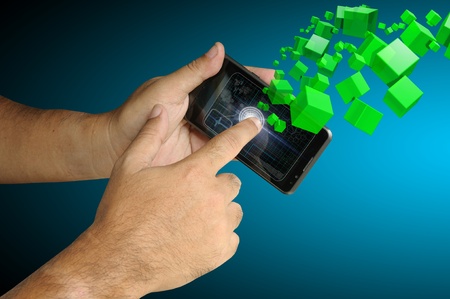 Hand of Business man touch smart phone with virtual digital network interface or environment  の写真素材