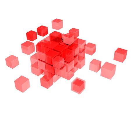 Abstract 3d illustration of red cube assembling from blocksの写真素材