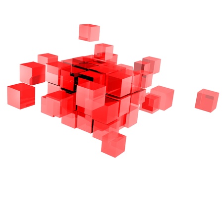 Abstract 3d illustration of red cube assembling from blocks