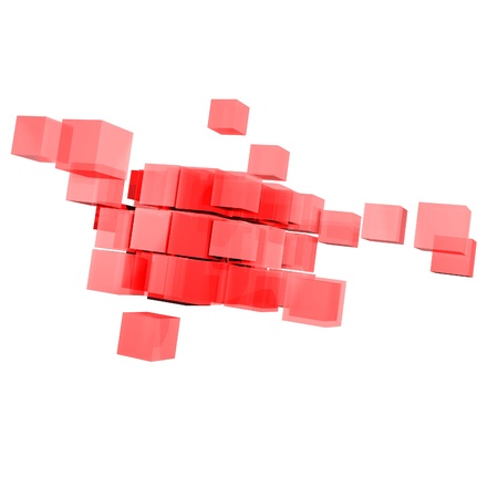 Abstract 3d illustration of red cube assembling from blocksの写真素材