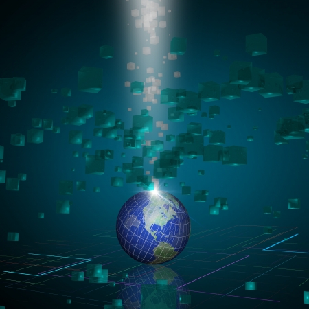 Earth globe in digital environment and Data cubeの写真素材