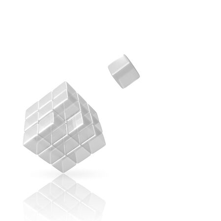 3D Glass Cube with missing piece on white Backgroundの写真素材