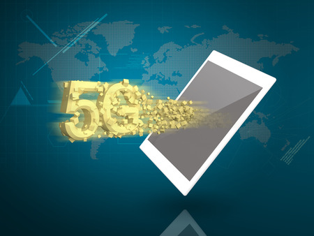 Tablet PC with 5G and super speed downloading on Digital World Backgroundの写真素材