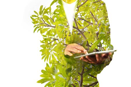Double Exposure of Business Man using Mobile Tablet PC with Green leaf Plant or Treeの写真素材