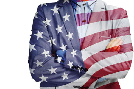 Double Exposure of Businessman with America flag as American Business Hero on fouth of July Conceptの写真素材
