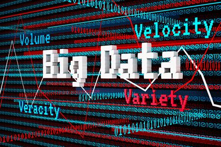 Abstract 3d Render Big Data, Volume, Velocity, Variety, Veracity and Chart over Binary Digit Traffic...