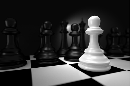 Close up of 3d render White Chess Battle with Black Chess  on Chessboard as Strategy Sport Game Concept.の写真素材