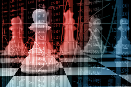 Double Exposure of White Chess on Chessboard with Bar and Line Graph over Stock Market Price Data Display as Concept of Investment Strategic Risk Management or Marketing Strategy.の写真素材