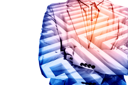 Double Exposure of Businessman in Suit with Labyrinth Background as Business Risk or Solution Conceptの写真素材