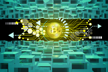 Bitcoin or Crypto Currency activity on Cyberspace and Block Chain Environment as E-Currency or Wallet and Cyberbanking concept. 3d renderingの写真素材