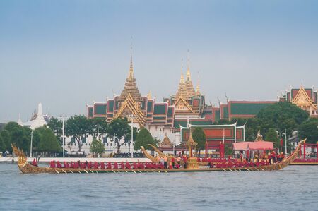Bangkok, Thailand - October 10, 2019: Royal Barge Anantanakkharat, with 7-headed Thai Fairly Tale Serpent, proceeds down the Chao Phraya River in royal barge procession Training Day.のeditorial素材