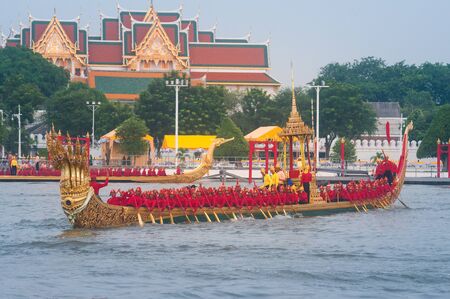 Bangkok, Thailand - October 10, 2019: Royal Barge Anantanakkharat, with 7-headed Thai Fairly Tale Serpent, proceeds down the Chao Phraya River in royal barge procession Training Day.のeditorial素材