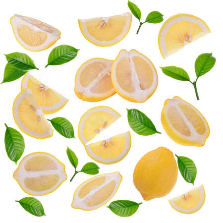Lemon and green leaf  isolated on white backgroundの写真素材