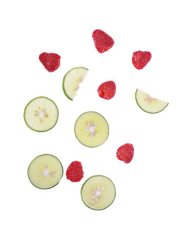 raspberry fruit and lime top view isolated on white background