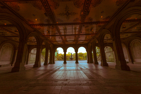 Old film tone Bethesda Terrace and Fountain in central park New york cityのeditorial素材
