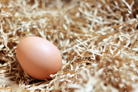 Brown eggs in box or crates and some straw made of paper. shallow depth of field.の写真素材